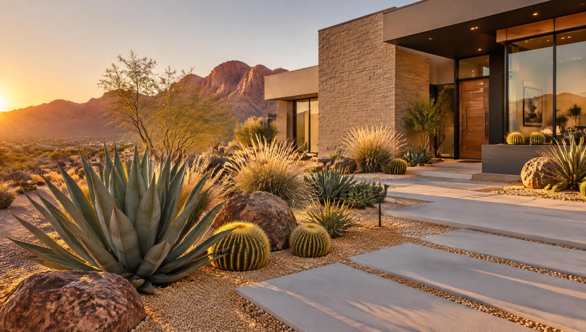 Desert landscaping with decorative gravel, agave and a paver walkway